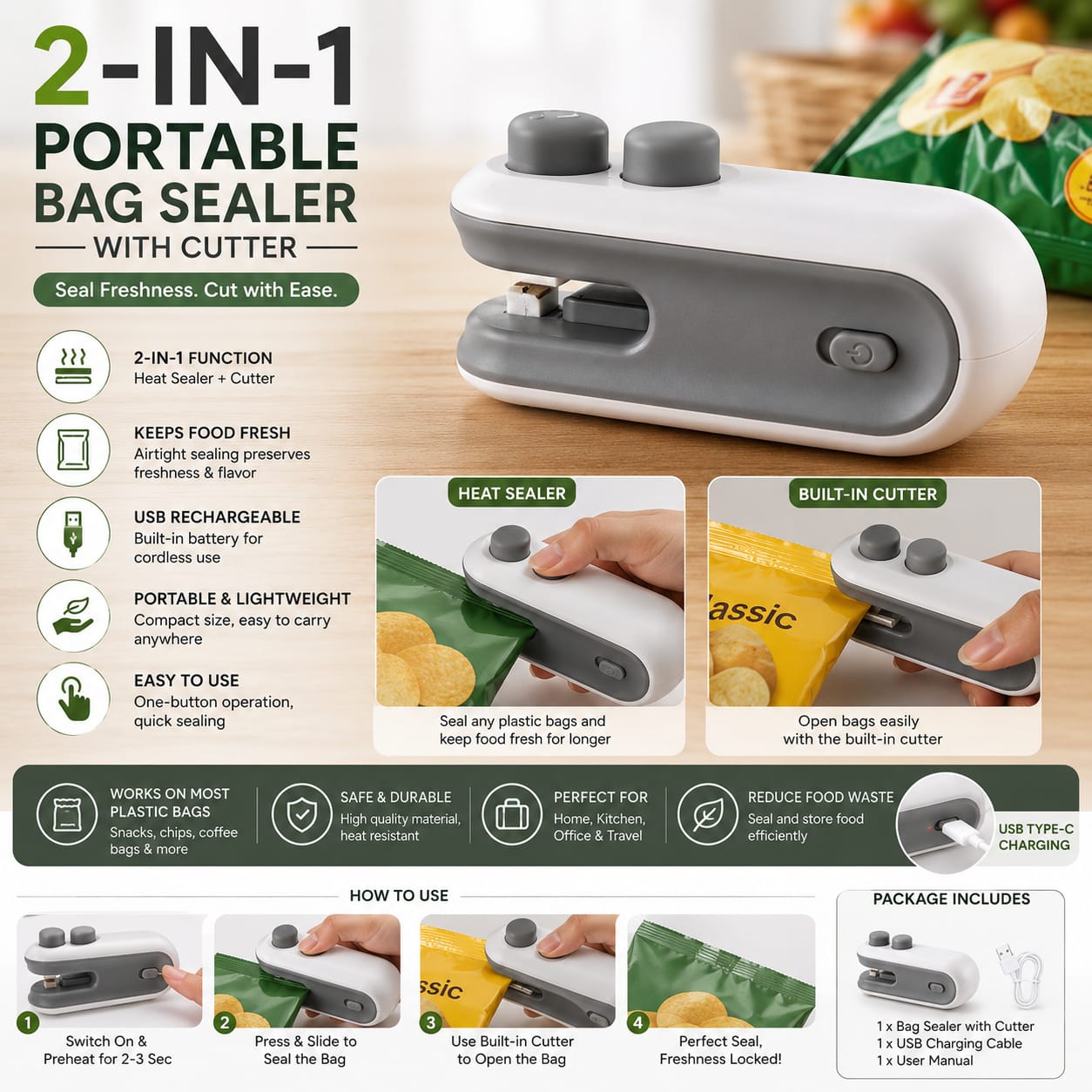 2-in-1 Portable Bag Sealer with Cutter